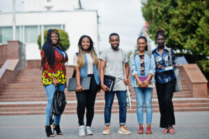 Doctor of Education (Ed.D) group of five african college students spending time together on